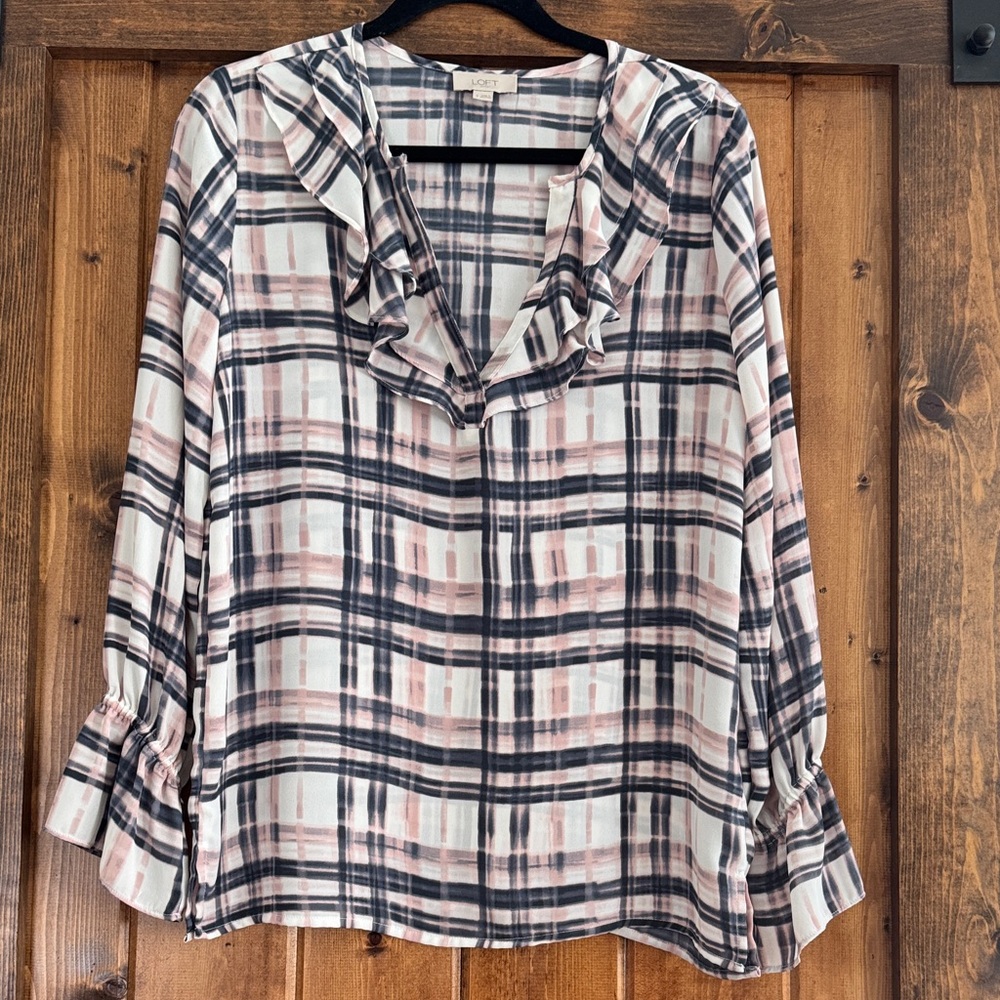 Loft Blush Plaid Ruffle V-Neck Blouse